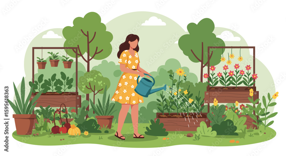 Fototapeta premium Woman Watering Garden: Colorful Illustration of Gardening Plants and Nature.