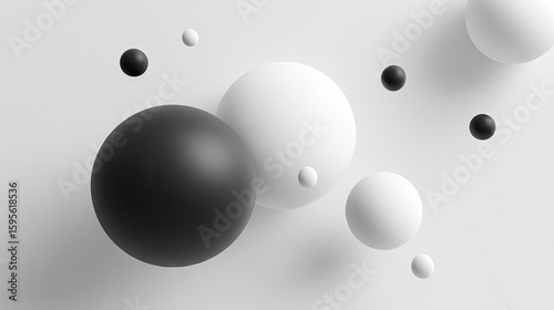 Black and white spheres in various sizes arranged on a light background.
