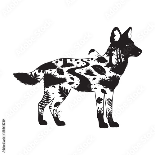 An African wild dog with a forest path double exposure design