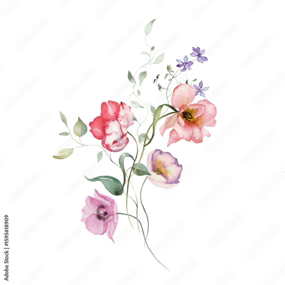 Obraz premium Watercolor floral illustration - bouquet with bright peach color, white, pink, blue flowers, rose, peony, poppy, tulips, sweet pea, chamomile, ranunculus, buttercups. Wedding invitation, clipart.