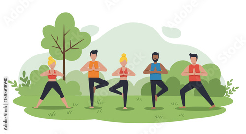Diverse Group Practicing Tree Pose in Outdoor Yoga Class Illustration.