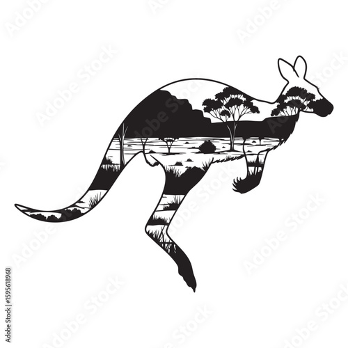 A jumping kangaroo with an Australian outback billabong scene