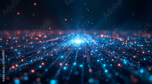 Abstract digital landscape with glowing blue and red particles converging towards a bright central point.
