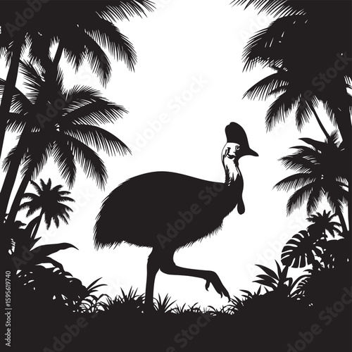 A cassowary flightless bird in a dense tropical jungle scene