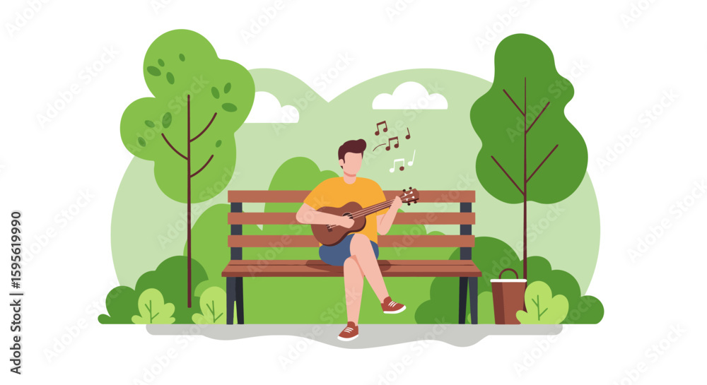 Fototapeta premium Serene Park Ukulele: Man Plays Music on Bench Amidst Greenery.