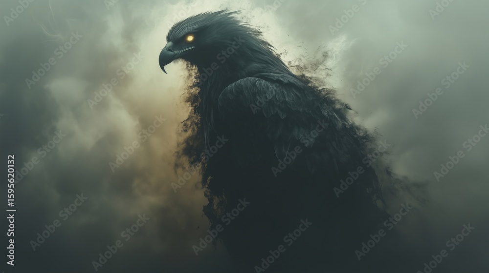 Fototapeta premium Ominous dark eagle or raven emerging from mist.