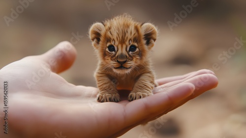 Tiny lion cub sitting in a person's cupped hand.