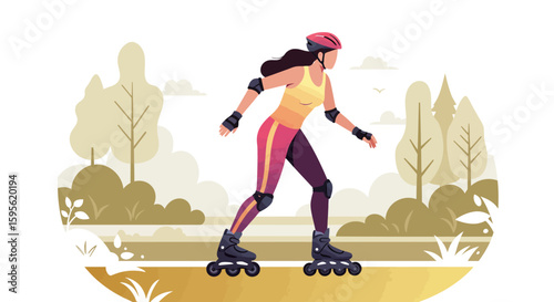 Rollerblading Woman in Autumnal Park: Vibrant Vector Illustration.