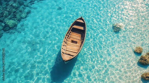 A wooden boat floats peacefully on clear, turquoise water with visible rocks beneath, creating a tranquil and inviting scene.