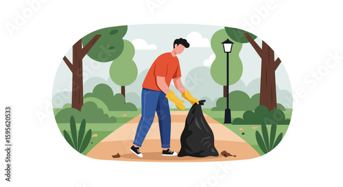 Park Cleanup: Dedicated Individual Bags Trash in Peaceful Setting.