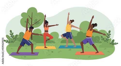 Serene Outdoor Yoga Session: Diverse Group Practicing Yoga Poses in a Lush Green Park.
