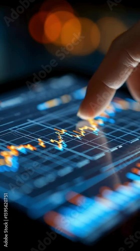 Close-up of hands interacting with a tablet screen displaying financial charts, graphs, and stock market data. 