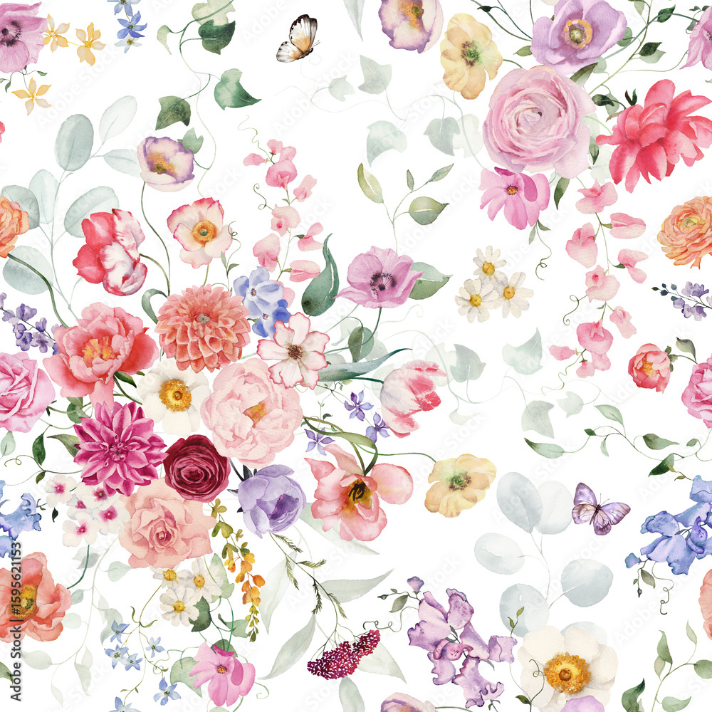 Fototapeta premium Watercolor floral illustration - seamless pattern on white background. Bright white, pink, blue flowers, rose, peony, poppy, tulip, sweet pea, ranunculus, buttercups. Wedding invitation clipart.