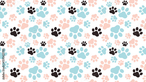 Seamless pastel paw print pattern with black, blue, and pink footprints on white background. Cute dog and cat design perfect for baby products, pet fabric, nursery decor, and digital scrapbooking