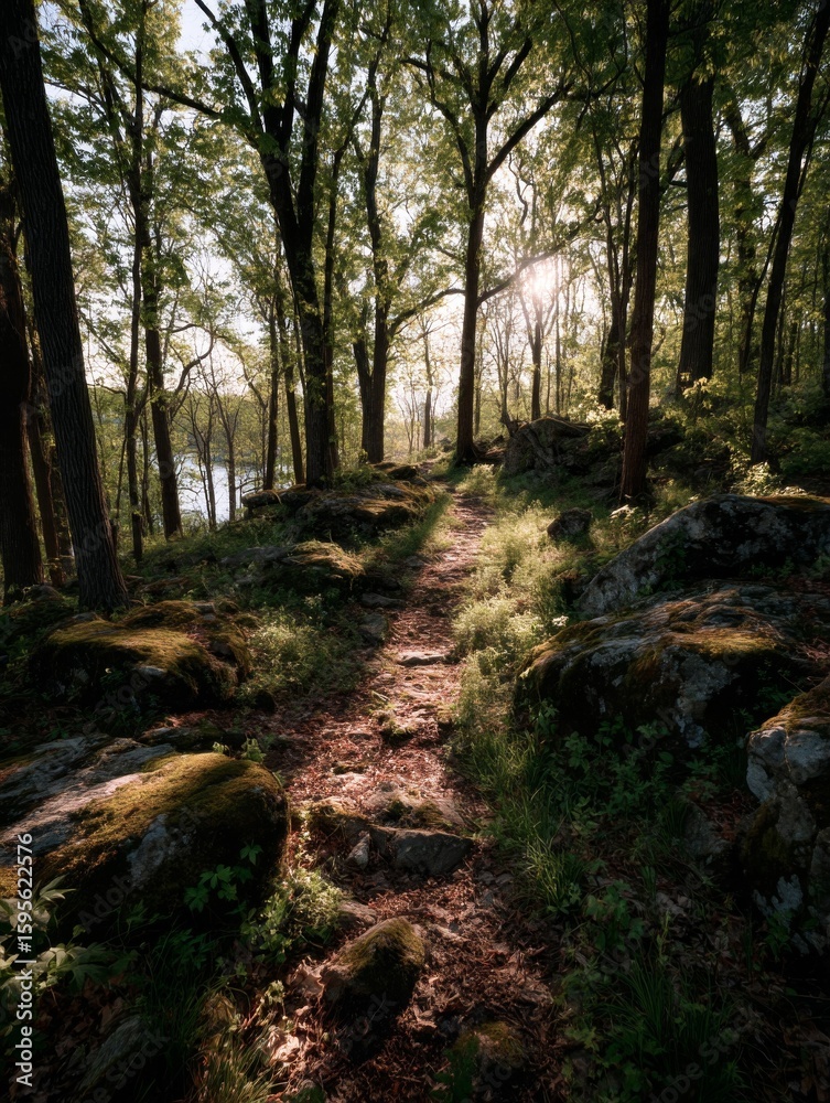 Fototapeta premium Sunlit Forest Path with Mossy Rocks