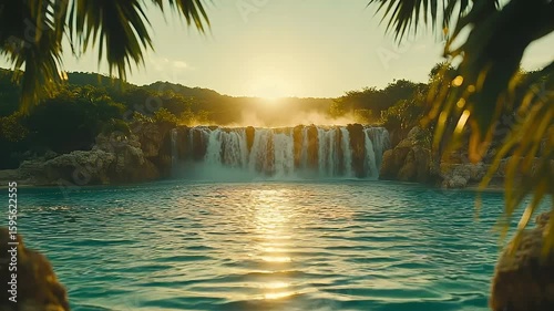 Tranquil waterfall cascading into a serene pool at sunrise