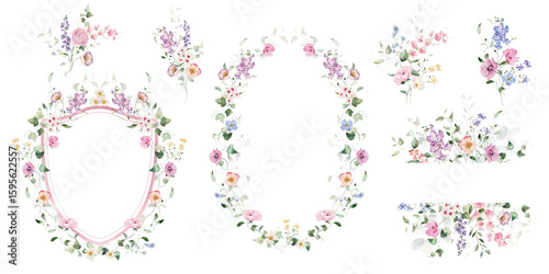 Watercolor floral illustration flower set - crest, border, wreath, bouquet, frame. White, pink, blue flowers, rose, peony, poppy, tulips, sweet pea, ranunculus, buttercups. Wedding invitation clipart.