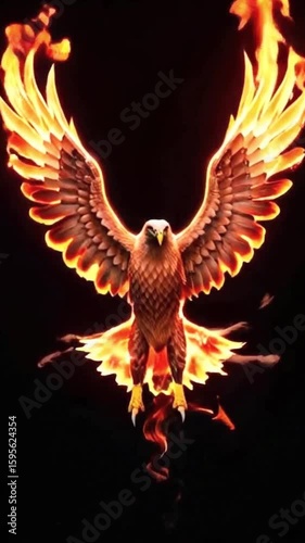Fiery Eagle Spreading Wings of Flame on Black Background Majestic Bird of Prey Ascending with