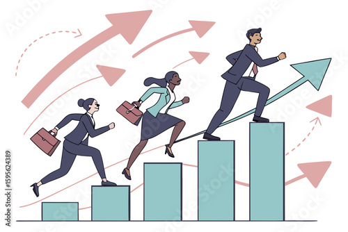 Business people running up bar graph — concept of growth and achievement

