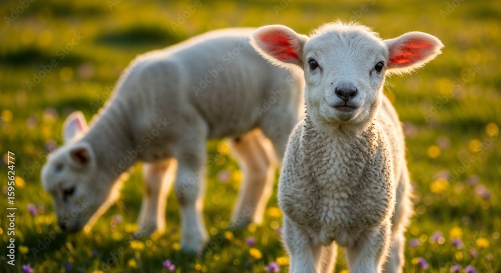 Fototapeta premium Two cute lambs grazing on green meadow in spring sunlight 