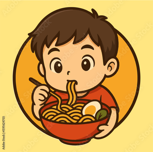 Male character eating noodles, Food blogger reviewing noodle, Vector illustration