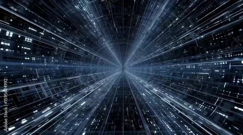 Abstract digital tunnel with blue lines and glowing lights  