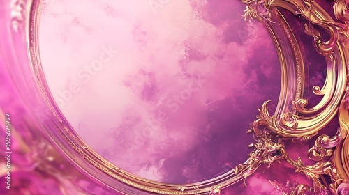 Ornate, gilded frame with pink sky