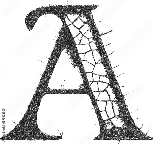 Letter A vintage y2k stipple art, cracked halftone stipple brutalist retro vector png with transparent background, stone 2000s aesthetic photocopy effect tattoo