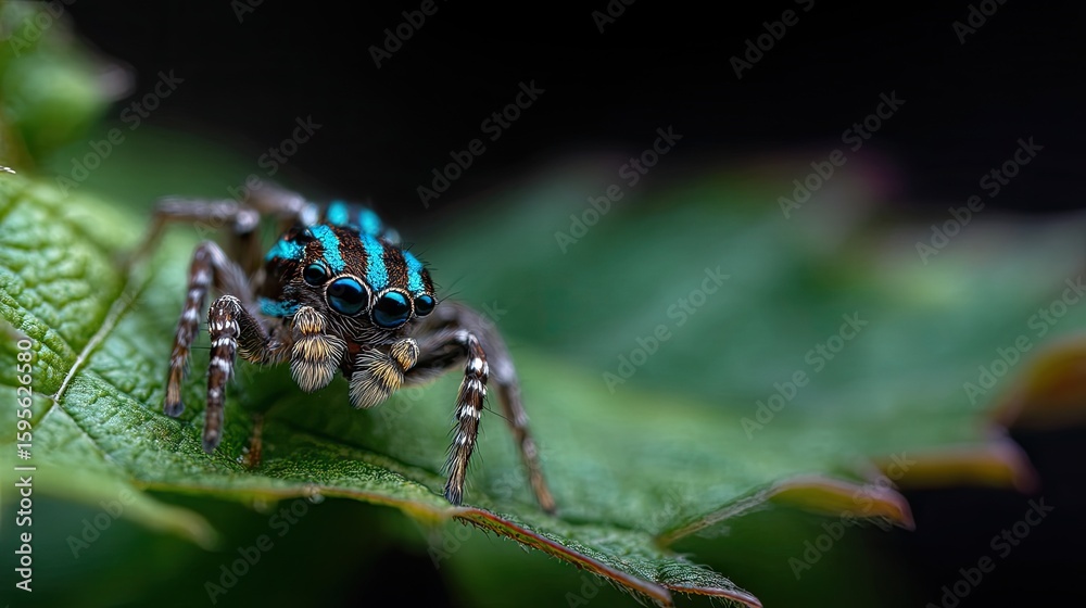 Fototapeta premium Close-up of a jumping spider with vibrant blue markings on a leaf.