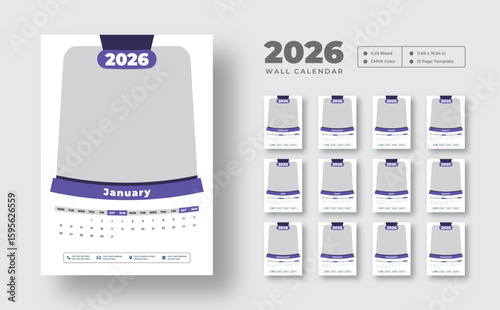 2026 wall calendar template | Editable 12-page monthly planner in vector format | Week starts on Monday | Clean printable design for office, home, or personal use