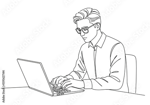 Illustration of a focused young man wearing glasses and a button-down shirt intently typing on a laptop computer while seated at a desk working or studying diligently in a professional setting