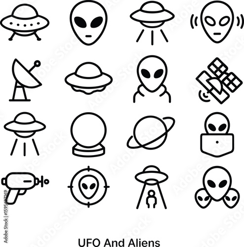 Simple Line Art Alien and UFO Spacecraft Icons Set Collection