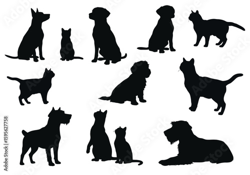 Collection of Silhouettes Featuring Dogs and Cats in Various Poses and Breeds Illustrating Domestic Animal Companionship and Affection