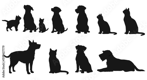 Collection of Diverse Domestic Animal Silhouettes Featuring Dogs and Cats in Various Poses and Sizes