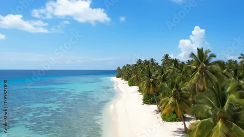 Cinematic aerial view of a sunlit tropical beach with gentle turquoise waves washing ashore and palm trees swaying in the breeze