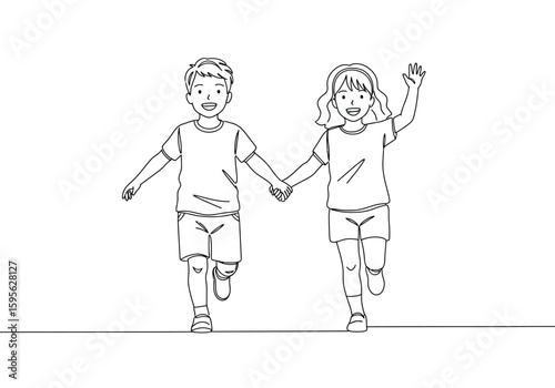 Joyful Childhood Friends Holding Hands Running Together in a Park During a Sunny Day Full of Laughter and Exuberance