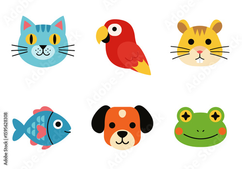 A delightful collection of cartoon animal faces including a blue cat a red parrot a hamster a fish a dog and a green frog for educational or decorative purposes