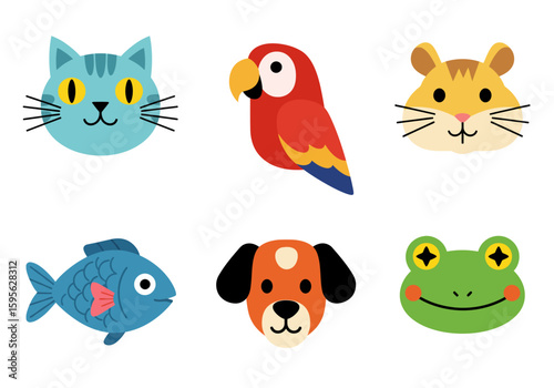 A Whimsical Collection of Adorable Cartoon Pet Faces Featuring a Blue Cat a Parrot a Hamster a Fish a Dog and a Frog Illustration