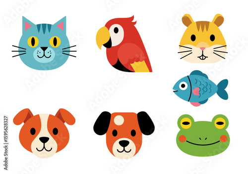 Collection of Cute Cartoon Animal Faces Featuring Dogs Cats Parrots Hamsters Fish and Frogs for Childrens Educational Content