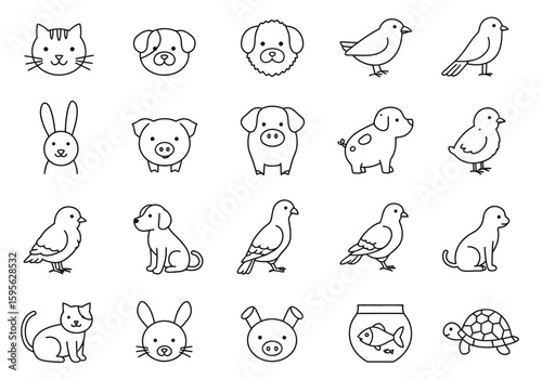 Collection of Various Cute Line Art Animal Icons Including Domestic Pets Farm Animals and Birds for Childrens Educational Content