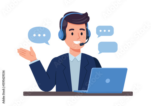 Professional Male Customer Service Representative with Headset and Laptop Providing Excellent Support and Communication