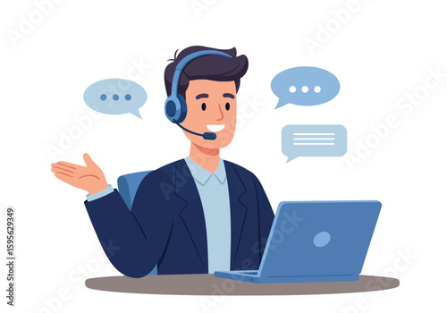 Professional customer service representative wearing a headset and smiling while working at a computer during a business meeting with clients online