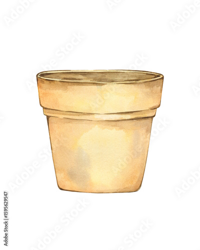 Watercolor illustration of a simple, round, terracotta flower pot in a light beige color. The pot is isolated on a white background, showcasing its smooth texture.