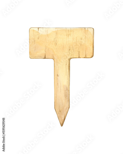 Watercolor illustration of a wooden garden marker shaped like the letter T. The marker is isolated on a white background, showcasing its natural texture and color.