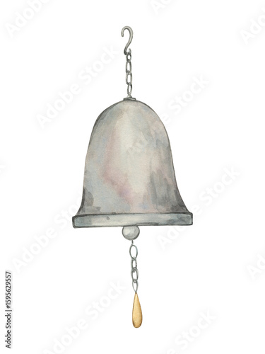Watercolor illustration of a bell with a chain and hook, featuring a teardrop-shaped clapper. The bell has a soft, muted color palette and is isolated on a white background.