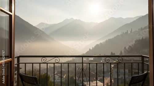 Serene Sunrise Misty Mountain View from Balcony.