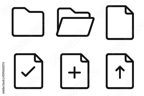 Minimalist dark icons for file and folder actions. Includes open folder, file upload, and checkmark icons.