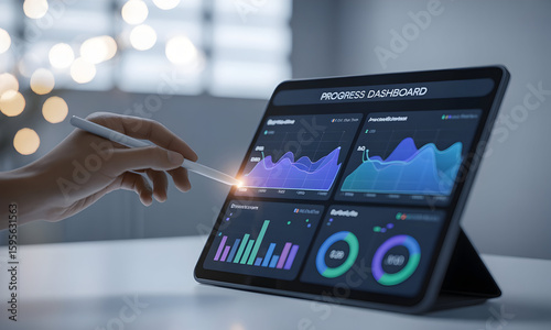 Hand using stylus on tablet progress dashboard