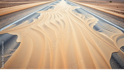Desert Road Erosion (16:9), le sable dérive sur la route créant un art abstrait naturel, des motifs de vent figés dans le temps - pas d'horizons - style brut.