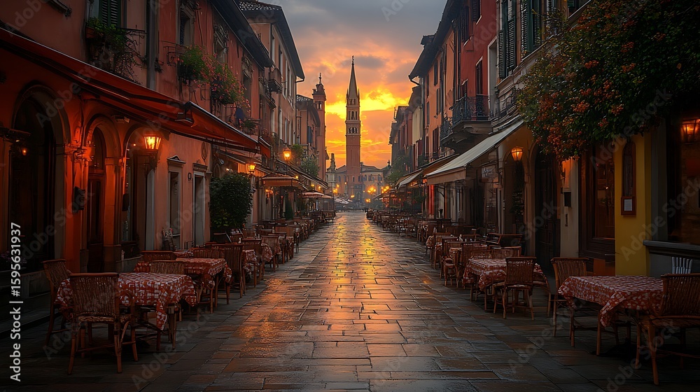 Fototapeta premium European street scene at dawn with outdoor cafes.